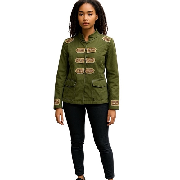 Chico's Womens Size 3 XL Olive Green Beaded Embellished Band Military Jacket New - Picture 1 of 6